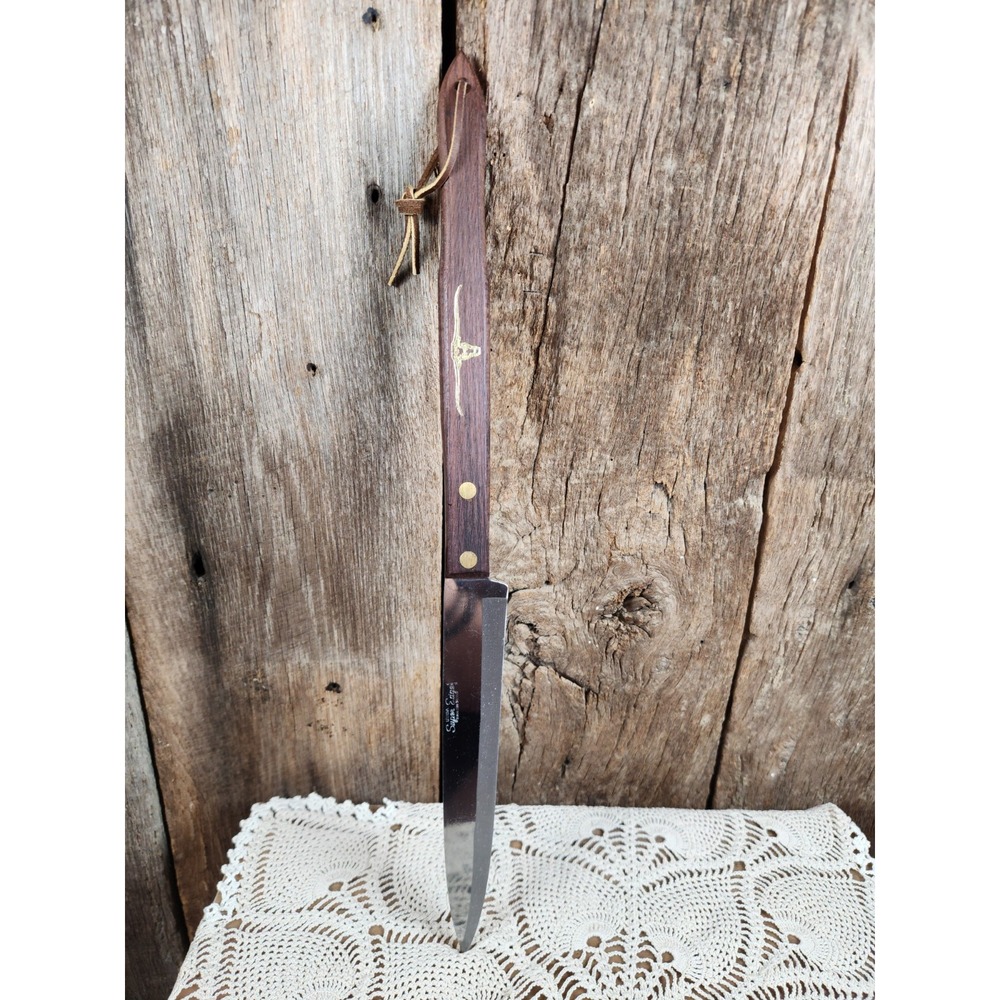 Vintage Utica Super Edge Steak Knife Longhorn Steer Medallion Wood Handle USA
